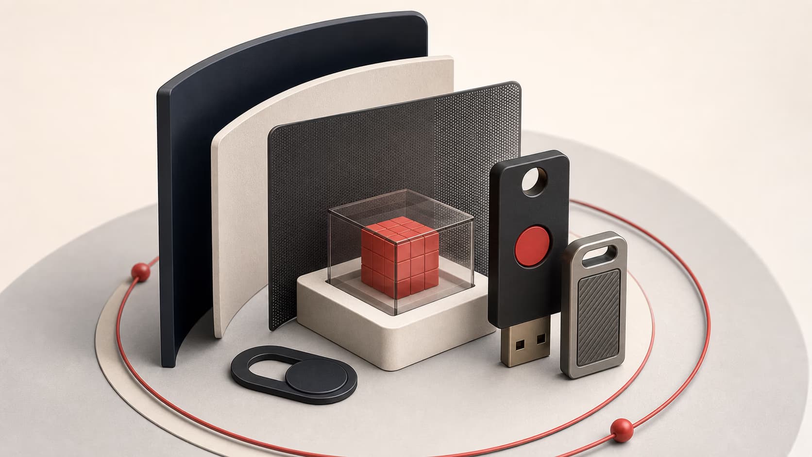 Hardware-Schlüssel, Sichtschutz, verschlüsselter Speicher und Kameraabdeckung schützen gemeinsam einen Datenkern.